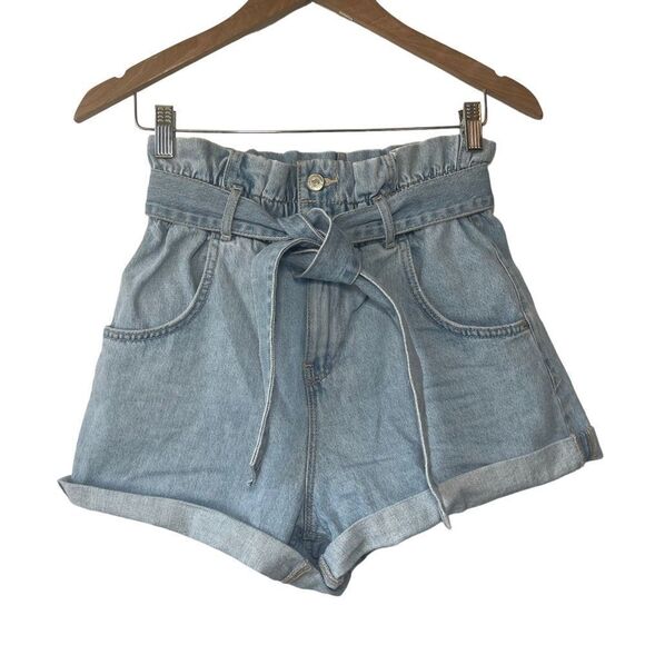 Zara Denim Paper Bag Self Tie Waist High Rise Cuffed Shorts Sz 4 - Picture 5 of 8